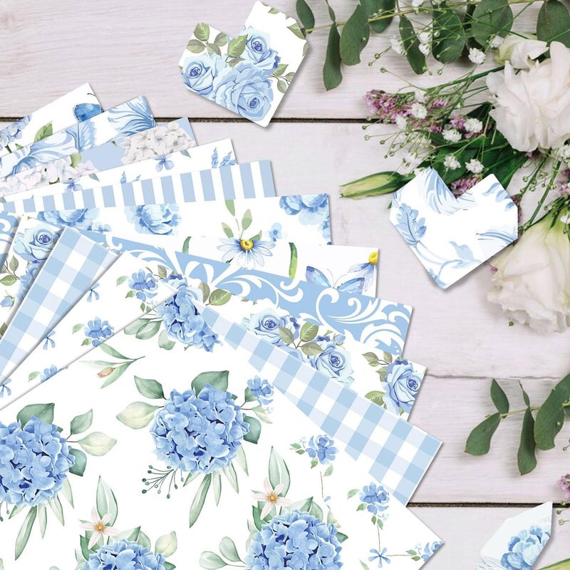 WLXTREE Blue Floral Scrapbook Paper, 24 Sheets Double Sided, Hydrangea Flowers Decorative Cardstock Patterned Paper for Card Making, Photo Album, Journal, DIY Craft - Image 4